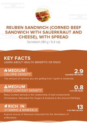 Reuben sandwich (corned beef sandwich with sauerkraut and cheese), with spread