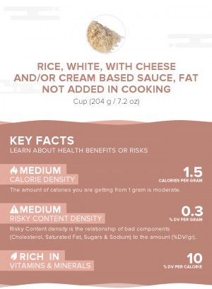 Rice, white, with cheese and/or cream based sauce, fat not added in cooking