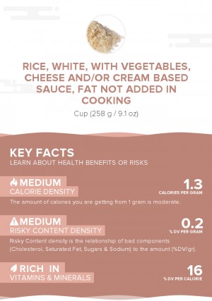 Rice, white, with vegetables, cheese and/or cream based sauce, fat not added in cooking