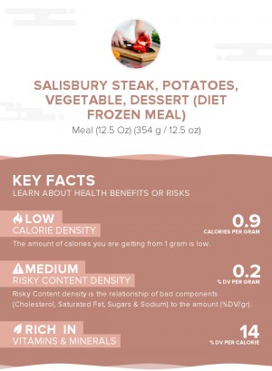 Salisbury steak, potatoes, vegetable, dessert (diet frozen meal)