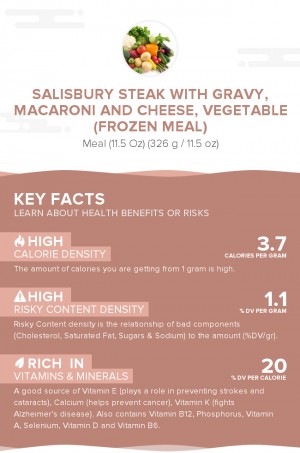 Salisbury steak with gravy, macaroni and cheese, vegetable (frozen meal)