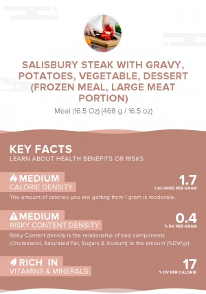 Salisbury steak with gravy, potatoes, vegetable, dessert (frozen meal, large meat portion)