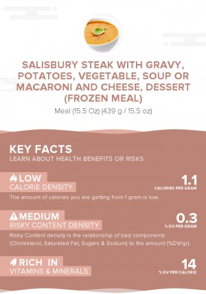 Salisbury steak with gravy, potatoes, vegetable, soup or macaroni and cheese, dessert (frozen meal)