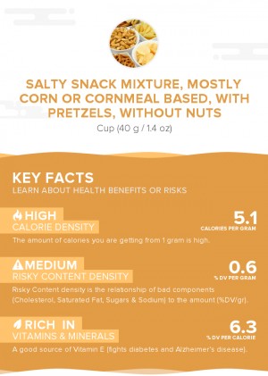 Salty snack mixture, mostly corn or cornmeal based, with pretzels, without nuts