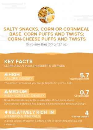 Salty snacks, corn or cornmeal base, corn puffs and twists; corn-cheese puffs and twists