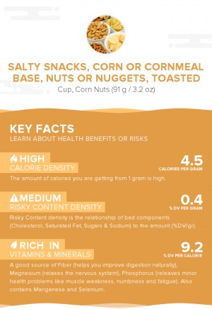 Salty snacks, corn or cornmeal base, nuts or nuggets, toasted