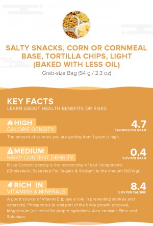 Salty snacks, corn or cornmeal base, tortilla chips, light (baked with less oil)