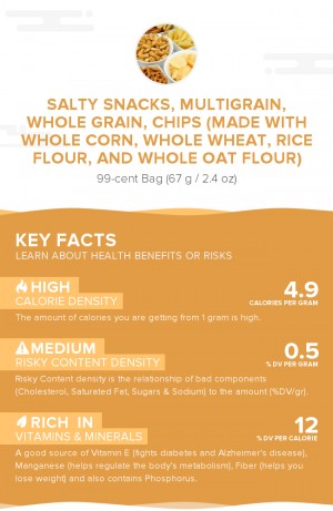 Salty snacks, multigrain, whole grain, chips (made with whole corn, whole wheat, rice flour, and whole oat flour)