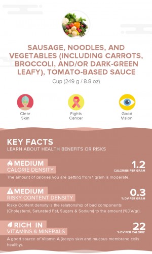 Sausage, noodles, and vegetables (including carrots, broccoli, and/or dark-green leafy), tomato-based sauce
