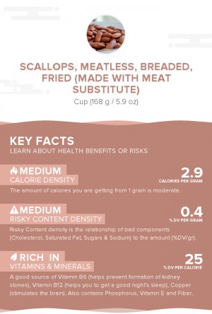 Scallops, meatless, breaded, fried (made with meat substitute)