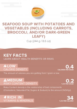 Seafood soup with potatoes and vegetables (including carrots, broccoli, and/or dark-green leafy)