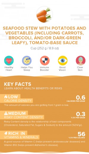 Seafood stew with potatoes and vegetables (including carrots, broccoli, and/or dark-green leafy), tomato-base sauce