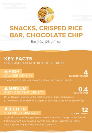 Snacks, crisped rice bar, chocolate chip