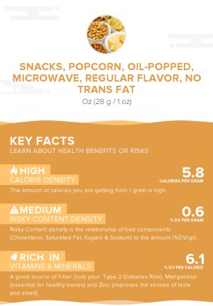 Snacks, popcorn, oil-popped, microwave, regular flavor, no trans fat