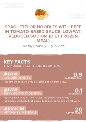 Spaghetti or noodles with beef in tomato-based sauce, lowfat, reduced sodium (diet frozen meal)