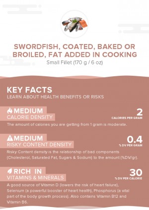 Swordfish, coated, baked or broiled, fat added in cooking