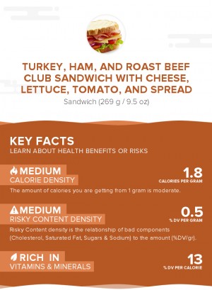 Turkey, ham, and roast beef club sandwich with cheese, lettuce, tomato, and spread