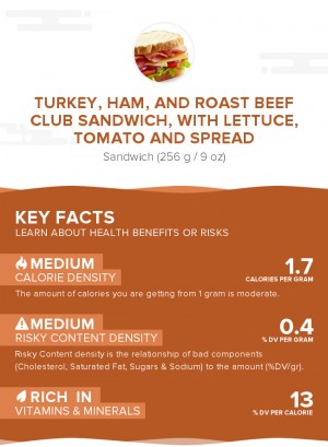 Turkey, ham, and roast beef club sandwich, with lettuce, tomato and spread