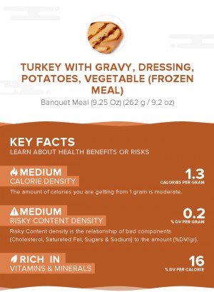 Turkey with gravy, dressing, potatoes, vegetable (frozen meal)