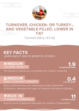 Turnover, chicken- or turkey-, and vegetable-filled, lower in fat