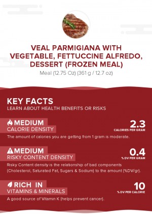 Veal parmigiana with vegetable, fettuccine alfredo, dessert (frozen meal)