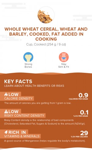 Whole wheat cereal, wheat and barley, cooked, fat added in cooking