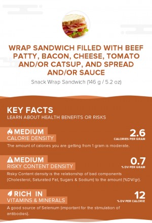 Wrap sandwich filled with beef patty, bacon, cheese, tomato and/or catsup, and spread and/or sauce