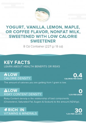 Yogurt, vanilla, lemon, maple, or coffee flavor, nonfat milk, sweetened with low calorie sweetener