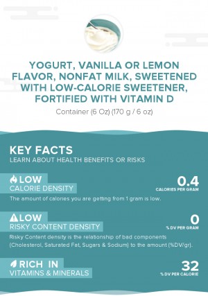 Yogurt, vanilla or lemon flavor, nonfat milk, sweetened with low-calorie sweetener, fortified with vitamin D