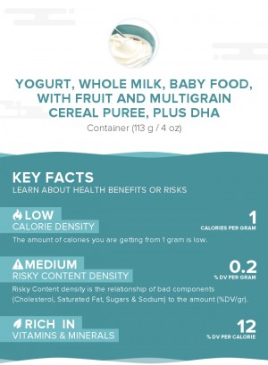 Yogurt, whole milk, baby food, with fruit and multigrain cereal puree, plus DHA